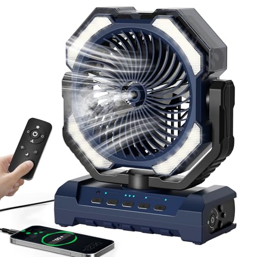 Misting Fan Portable, 20000mAh Rechargeable Battery Powered Camping Fan with Light, Personal USB Battery Operated with Hook & 250mL Water Tank for Outdoor, Tents, Beach, Travel. - color: Blue