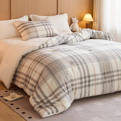 100% Cotton Comforter Set Full Size – Reversible Yarn-Dyed Checkered Design, Soft Washed Cotton on Both Sides, Lightweight All-Season Bedding, Machine Washable(Grey White Plaid, 80”x90”) - color: Grey White, size: Full(80"x90")
