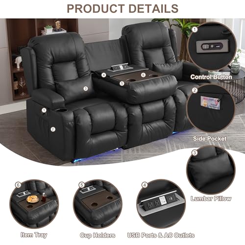 TUNYI Power Loveseat Recliner Sofa with Massage & Heat Home Theater Seating with Console RV Recliner Loveseat Sofa with USB/Storage/Side Pocket/LED Light/Speaker (Black, 3 Seat) - color: Black, size: 3 Seat