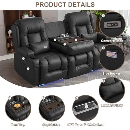TUNYI Power Loveseat Recliner Sofa with Massage & Heat Home Theater Seating with Console RV Recliner Loveseat Sofa with USB/Storage/Side Pocket/LED Light/Speaker (Black, 3 Seat) - color: Black, size: 3 Seat