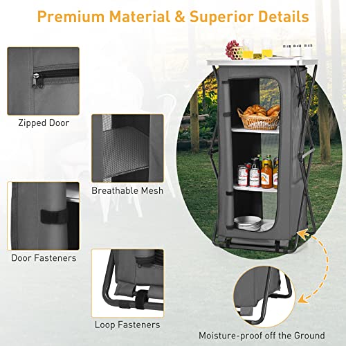 Goplus Folding Camping Storage Cabinet, Pop Up Outdoor Camping Kitchen Station with Large 3-Tier Storage Organizer, Carry Bag, Easy Set Up Portable Compact Camping Table for BBQ Picnic Backyard (47'') - size: 47''