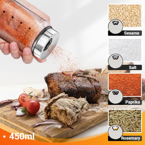 Segarty Spice Jar with Labels, 3 Pack 15oz Glass Spice Shakers with Adjustable Pour Lids, Clear Large Spices Bottles for Herb Salt Pepper, Condiment Containers with 136 Labels, 1 Marker Pen and Brush - size: 15oz / 450ml