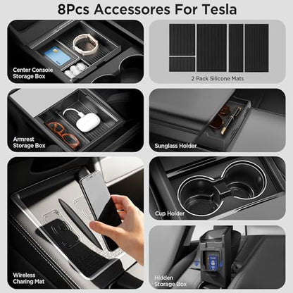 8PCS Center Console Organizer for Tesla Model Y Juniper Accessories 2026 2025 & for Tesla Model 3 Accessories 2024-2026 [Slide Smoothly & US Patent] Charging Pad Sunglasses Cup Holder Black