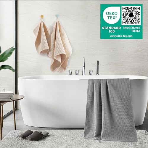 POLYTE 430 GSM Microfiber Quick Dry Lint Free Oversize Bath Towel Set, 6 Piece (Waffle Weave) - color: Gray,light Beige