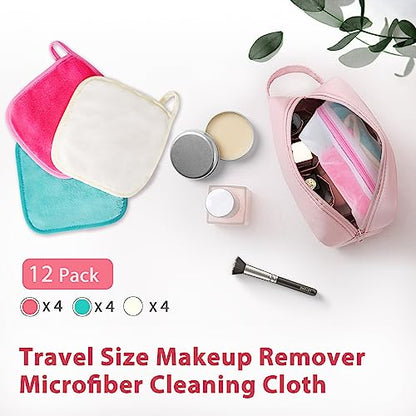 Makeup Remover Cloth, 6" x 6" Make Up Towels Reusable Face Cloth for Washing Face, Makeup Remover Pads Microfiber Face Washcloth with Mesh Bag, Just Water, 12 Pack - color: Green/White/Pink