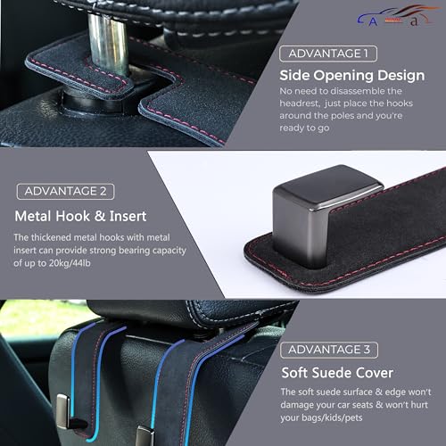 Amooca Car Seat Back Hook Universal Auto Storage Hanger Suede with Metal Car Seat Organizer for Handbag Purse Coat Umbrellas Grocery Bags 2 Pack Black - color: Black