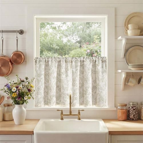 jinchan Floral Kitchen Curtains for Windows 24 Inch Linen Lined Tier Farmhouse Cafe Curtains Country Botanic Small Window Rod Pocket Rustic Flax for Laundry Bathroom RV 2 Panels Green on Beige - color: Lined Green on Beige, size: 25"W x 24"L (Pack of 2)