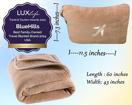 BlueHills 2-Pack Mini Premium Soft Plush Travel Blanket Pillow Airplane Essentials for Two in bag Flight Traveling Warm Portable Plane Blankets Compact Cozy Traveler Backpack Blankets Warm Beige - M26 - color: Beige-2pk-m26
