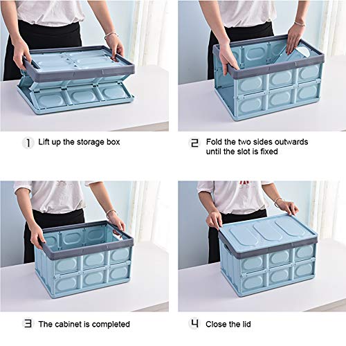 Lidded Storage Bins 2 Pack 30L Collapsible Storage Box Crates Plastic Tote Storage Box Container Stackable Folding Utility Crates for Clothes, Toy, Books ,Snack, Shoe, and Grocery Storage Bin-Blue
