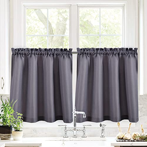 Valea Home Waffle Weave Textured Half Window Tier Curtains for Kitchen Water Repellent Window Covering Bathroom Short Curtains, 72" x 24", Grey, Set of 2 - color: Grey, size: 36"W x 24"L (Pack of 2)
