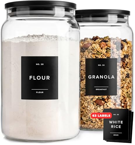 EDELHAUS 2x Large Glass Storage Containers with Airtight Black Lids [135oz/4000ml] | Extra Thick Glass Canisters for Pantry + 63 Labels | Flour Rice Cereal Sugar Coffee Beans Tea - color: 2x4000ml Black Lid