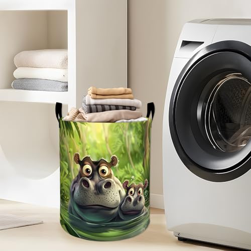 Funny Hippos in Green Jungle Water Laundry Basket with Handles, 19.7"x15.7" Clothes Foldable Laundry Hamper Organizer for Dorm Nursery Bedroom Bathroom Decor, Toy Storage Bin for Kids - style: Hippo46