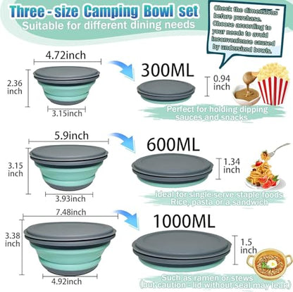 Collapsible Camping Bowl with Lid, Silicone Salad Bowl Serving, Microwave Foldable Soup Ramen Expandable Plates for Travel, Picnic, Rv(Blue New with Kinfe) - color: Blue-New Case with Kinfe