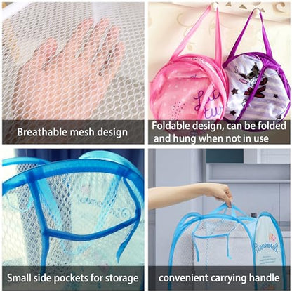 Cute Mesh Popup Laundry Hamper with Carry Handles, Large Capacity Foldable Lightweight Dirty Clothes Basket for Girls Room, Dorm | Travel & Camping - color: Blue-1-2