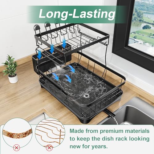Dish Drying Rack, 2-Tier Large Dish Drying Rack for Kitchen Counter – Space Saving Dish Drainer Organizer with Utensil Holder and Cutlery Tray, Black - color: 2-tier - Black