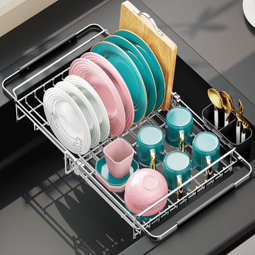 Urackify Expandable Stainless Steel in Sink Dish Drying Rack, Dish Rack Over Sink, Rustproof Dish Drainer for Kitchen Counter, Dish Strainer with Utensil Holder, Fit Sink for 13"-18", Silver - color: Silver, size: Expandable - 13.07" ~ 21.2" x 11.2" x 3.2