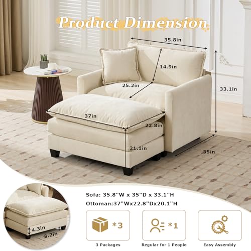 SoarFlash Chenille Sectional Sofa, Comfy Modular Single Sofa with Ottoman, Modern Recliner Deep Seat Sofa Set for Living Room,Beige - color: Beige, size: 1 Seat+1 Ottoman