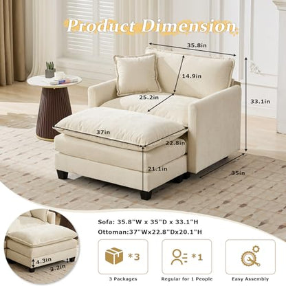 SoarFlash Chenille Sectional Sofa, Comfy Modular Single Sofa with Ottoman, Modern Recliner Deep Seat Sofa Set for Living Room,Beige - color: Beige, size: 1 Seat+1 Ottoman
