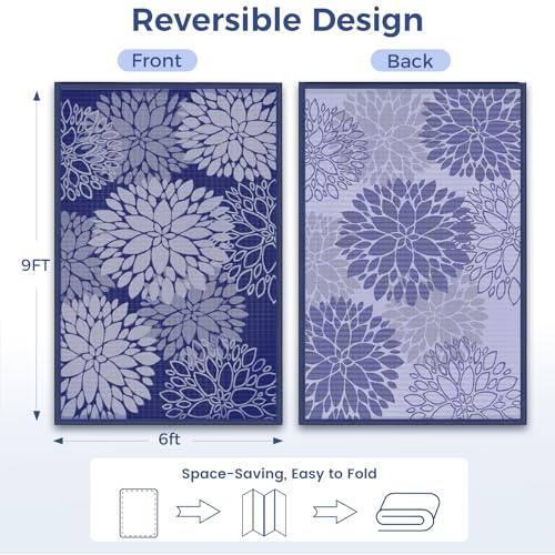 Mattitude Outdoor Rug 6' x 9' Waterproof, Reversible Portable Plastic Straw Area Rugs, Patio Carpet for RV Camping, Porch, Deck, Backyard, Camper, Pool, Picnic, Blue & White - size: 6' x 9' (Rectangular)