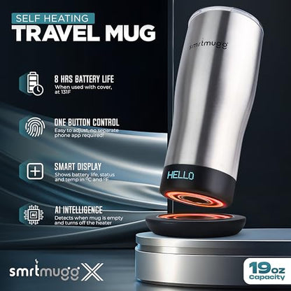 SmrtMugg X Heated Coffee Mug 19 oz., 8 Hour Battery Life, Self-Heating, Adjustable Temp Controlled, LCD Screen, Includes Cover with Magnetic Slider (Black) (Stainless Steel) - color: Stainless Steel