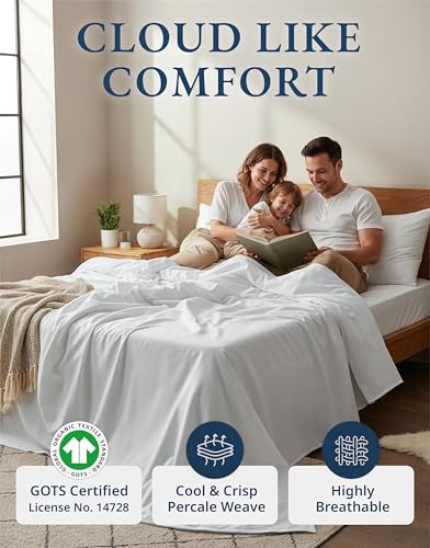 LANE LINEN 100% Organic Cotton Twin Sheets Set, 3Pc Twin Bed Sheets, Soft & Comfy Breathable Cotton Percale Sheets for Twin Size Bed, Dorm Room Essentials Low Pill Fade Resistant White Sheets | Twin Sheet Set, GOTS Certified Organic Cotton Percale - For D
