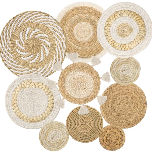 LOMOHOO Set of 10 Boho Wall Basket Decor Wicker Woven Wall Basket Decorations Bohemian Handcrafted Round Hanging Kitchen Basket Bulrush Wall Art Decors for Living Room Rustic Home - color: Retro