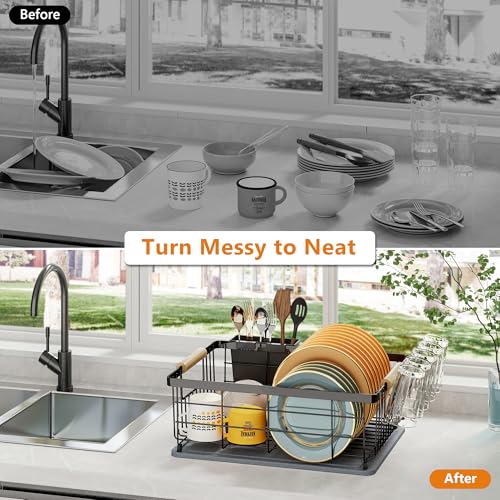 Dish Drying Rack Black with Diatomaceous Earth 1 Tier,Multifunctional Dish Racks for Kitchen Counter Quick-Drying,Large Capacity Space Saving with Cutlery Cups Holder - color: Black, size: 1 Tier
