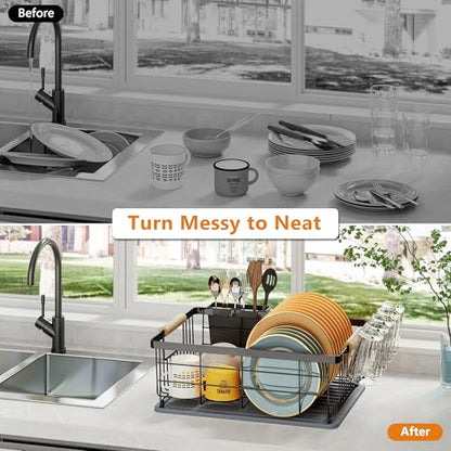 Dish Drying Rack Black with Diatomaceous Earth 1 Tier,Multifunctional Dish Racks for Kitchen Counter Quick-Drying,Large Capacity Space Saving with Cutlery Cups Holder - color: Black, size: 1 Tier