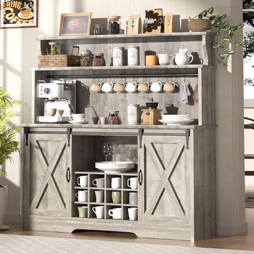 BestHaped 55'' Farmhouse Coffee Bar Cabinet with 3 Tier Storage Hutch, Coffee Bar Station with Sliding Barn Door, Hutch Storage Cabinet with 12 Wine Racks & 9 Hooks for Kitchen Dining Living Room - color: Grey, size: 55 Inch