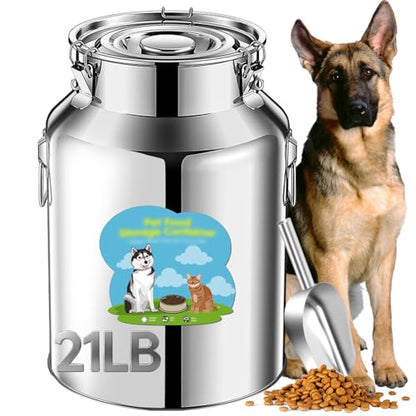 Newget 21lb Stainless Steel Dog Food Storage Container, Metal Pet Storage Container with Airtight Hangable Lid to Keep Food Fresh, Large Cat Food Storage Container with Scoop to Easily Clean - size: 21 lb