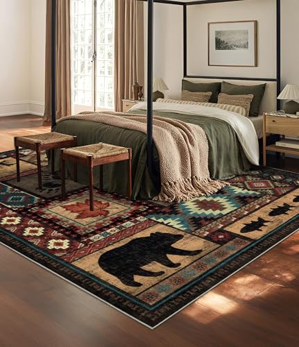 YIHOUSE Rustic Cabin Area Rug 6x9,Machine Washable Lodge Bear Rug,Non-Slip Low Pile Print Pattern Southwestern Rug for Living Room Bedroom - color: Brown, size: 6' x 9' (Rectangular)