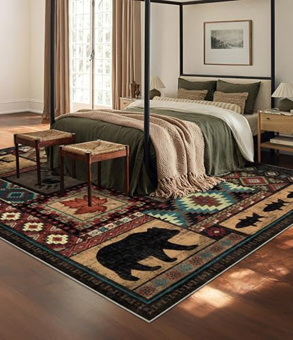 YIHOUSE Rustic Cabin Area Rug 6x9,Machine Washable Lodge Bear Rug,Non-Slip Low Pile Print Pattern Southwestern Rug for Living Room Bedroom - color: Brown, size: 6' x 9' (Rectangular)