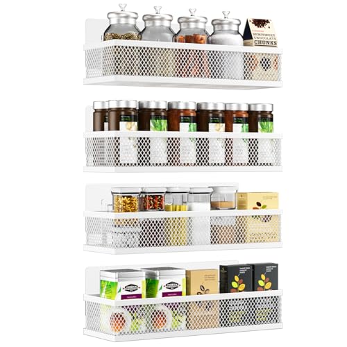 Spice Rack Wall Mount, 4 Pack Wall Spice Rack & Hanging Storage Baskets Organizer Wall Mount, Large Capacity Metal Spice Shelf for Kitchen Cabinet, Pantry Doors, Bathroom, Shower, Home Decor - color: White