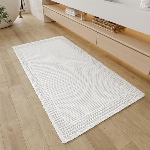 RESARE Waffle Bathroom Runner Rugs, Super Absorbent Bath Mat Non Slip Washable Quick Dry, Upgraded Ultra Soft Boho Bath Rugs with Tassels, Farmhouse Home Decor Accessories, 2'x4'(24"x48") White - color: White, size: 2' X 4'