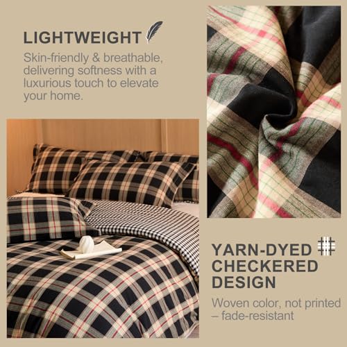 100% Cotton Comforter Set Queen Size – Reversible Yarn-Dyed Checkered Design, Soft Washed Cotton on Both Sides, Lightweight All-Season Bedding, Machine Washable(Black Red Plaid, 90”x90”) - color: Black Red, size: Queen(90"x90")