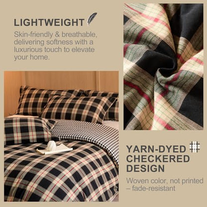 100% Cotton Comforter Set Queen Size – Reversible Yarn-Dyed Checkered Design, Soft Washed Cotton on Both Sides, Lightweight All-Season Bedding, Machine Washable(Black Red Plaid, 90”x90”) - color: Black Red, size: Queen(90"x90")