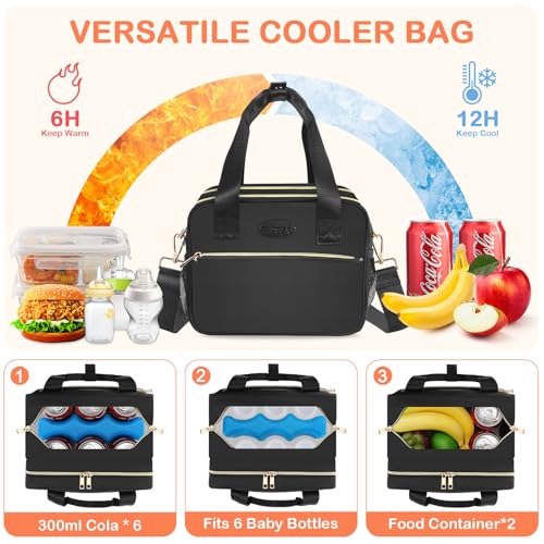 PIIOSER Breastmilk Cooler Bag with Ice Pack, Fits 6 Baby Bottles Up to 9 Ounce, Insulated Bottle Travel Bags with Shoulder Strap-Wearable Breast Pump Carrying Case for Nursing & Working Moms - color: Black