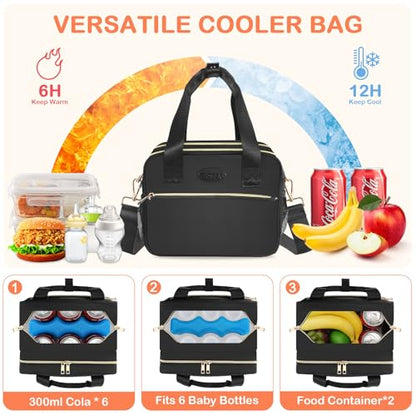 PIIOSER Breastmilk Cooler Bag with Ice Pack, Fits 6 Baby Bottles Up to 9 Ounce, Insulated Bottle Travel Bags with Shoulder Strap-Wearable Breast Pump Carrying Case for Nursing & Working Moms - color: Black
