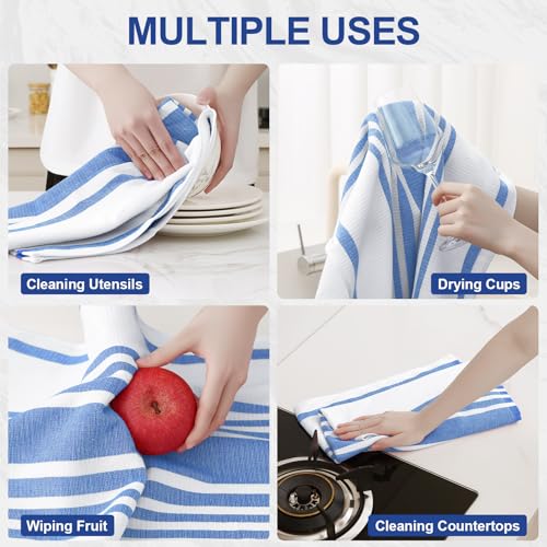 Homaxy Premium Kitchen Towels 18”x 28”, Large Cotton 380 GSM Kitchen Hand Towels, Stripe and Terry Dish Towel, Highly Absorbent Tea Towel Set with Hanging Loop, 3 Pack, Blueberry - color: Blueberry Stripe, style: 3-pack