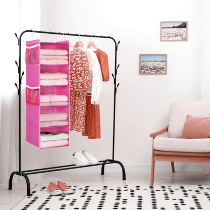 MAX Houser 5-Shelf Hanging Closet Organizer, Hanging Storage Shelves with 4 Side Pockets Space-Saving for Bedroom, Foldable (Pink) - color: Pink