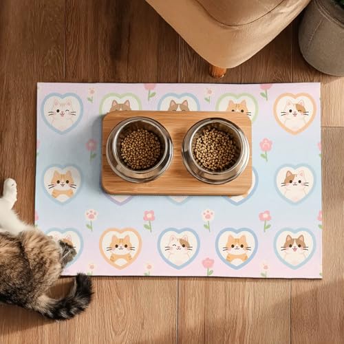 HOMETITUTE Cat Food Mat Pastel Heart Kitten Print, Non-Slip Elegant Pet Bowl Placemat for Indoor Cats, 20" x 12" - color: colorful1