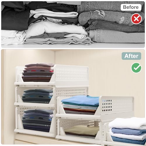Goderewild Stackable Foldable Storage Baskets, Folding Storage Bins, Closet Organizers and Plastic Drawer Shelf Storage Container for Wardrobe, Cupboard, Kitchen, Bathroom, Office (White, 4L) - size: 4L