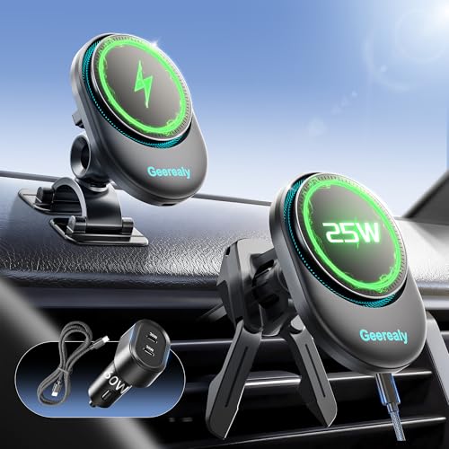 25W Magnetic Wireless Car Charger with Cooling Fan, MagSafe Car Mount Charger, Dashboard & Vent Attachment Phone Holder, 25W Fast Charging Car Cooling Phone Mount for iPhone 17/16, S26 Ultra