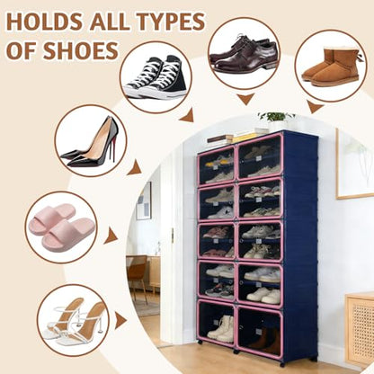 Collapsible Shoe Rack Organizer, 9 Tiers-36 Pairs Foldable Shoe Cabinet with Magnetic Clear Door, Large Plastic Folding Shoe Cabinet Blue & Pink, Easy Assembly Shoe Shelves Organizer for Entryway - size: 9 Tiers-36 Pairs Blue & Pink
