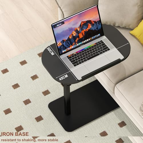 Solid Wood C Shaped Side Table for Sofa/Bed, Adjustable Height C Shaped End Table Metal Base, 360°Swivel/Flip Top Couch Tables That Slide Under, Small Spaces Laptop Stand Coffee Table (Black) - color: Black