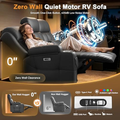 Power RV Loveseat Recliner Sofa, Reclining Loveseats Couch for RV Furniture, Home Theater Seating with Heat Massage, Flip Backrest, USB, Cup Holders, 150° Wall Hugger RV Recliners Sleeper Sofas - color: Flip Back Dary Gray, size: Loveseat-G1-Power