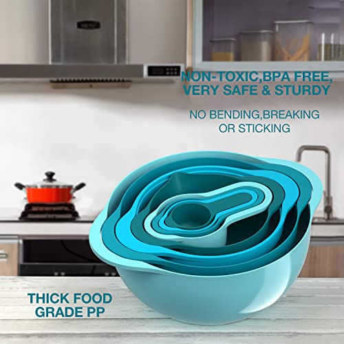 Mixing Bowls-Plastic Nesting Mixing Bowl Set of 8, Kitchen Gadgets for Apartments Space Saving, Including Measuring Cups Sifter Colander, Easy Storage Cooking Baking, Rv Camper Accessories, No BPA - color: Blue Cyan