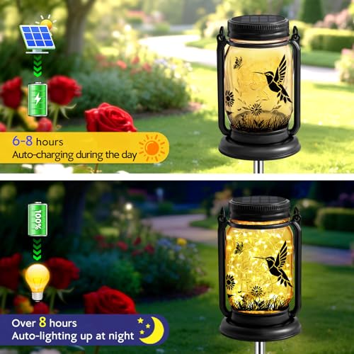 Hummingbird Solar Lanterns 3-IN-1 Outdoor Waterproof - Birthday Gifts for Women Mom Christmas, Mason Jar Hanging Lanterns with Stake, Garden Decor Lights for Patio Yard Balcony Decorations, 2 Pack - style: Hummingbird-2 Pack