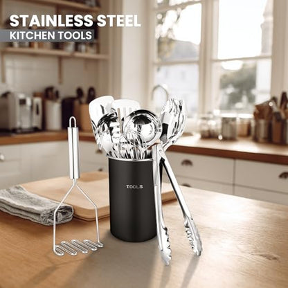Avador® Premium Set of 10 Stainless Steel (BLACK HOLDER) Kitchen Tool Set with Holder Easy To Clean, Space Saving, Great for Cooking, Baking, Prepping (BLACK) - color: Black
