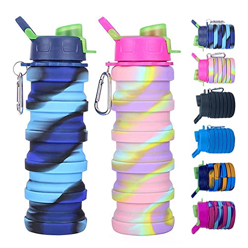 Collapsible Silicone Bottles 2 Pack - Expandable 500ml Portable Sport Bottles with Carabiner for Travel & Camping (Blue Camo + Pink Camo) - color: Blue Camouflage+Pink Camouflage